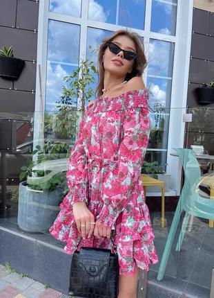 Красивое платье со спущенными плечами и поясом❣️😍 мод:860 цвет: черный, малиновый размер: универсал 42-46 ткань: шифон на подкладке цветочный принт