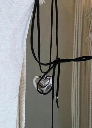 Тренд сріблястий чокер кулон об'ємне серце кольє намисто на шнурку пов'язка на шию аксессуар3 фото