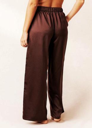 Актуальные шоколадные женские брюки легкие широкие женские брюки с высокой посадкой шелковые брюки атласные брюки на лето5 фото