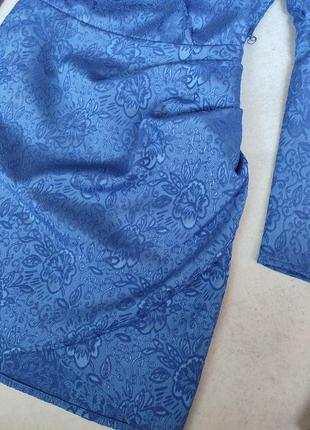 Женское синее электричество вечернее мини короткое платье с длинным рукавом фонарики вышитое с цветами с поясом loavies3 фото