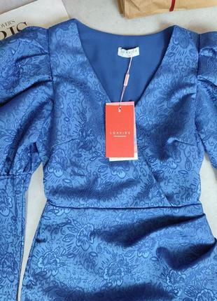 Женское синее электричество вечернее мини короткое платье с длинным рукавом фонарики вышитое с цветами с поясом loavies2 фото