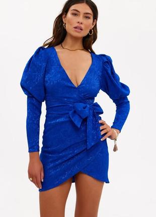 Женское синее электричество вечернее мини короткое платье с длинным рукавом фонарики вышитое с цветами с поясом loavies10 фото