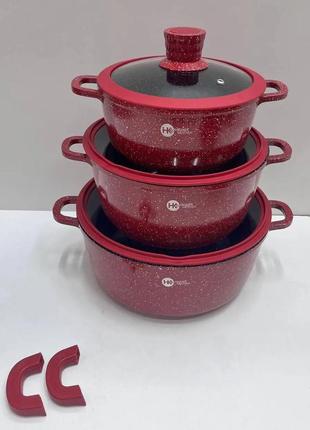 Набор посуды с гранитным антипригарным покрытием higher kitchen hk-325 (черный, красный)4 фото