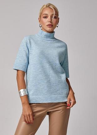 Джемпер женский с коротким рукавом с шерстью мериноса, голубой цвет. модель 2797