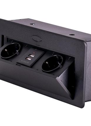 Блок врезной на 2 розетки и 2 usb розёма с подёмной крышкой алюминий