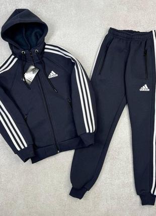 Теплые детские спортивные костюмы adidas на змейке на мальчика подростка, костюм адидас 3 полоски флис 10-14л.