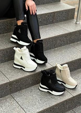 Зимние сникерсы, женские зимние кеды на платформе, зимние жениские ботинки на высокой подо...