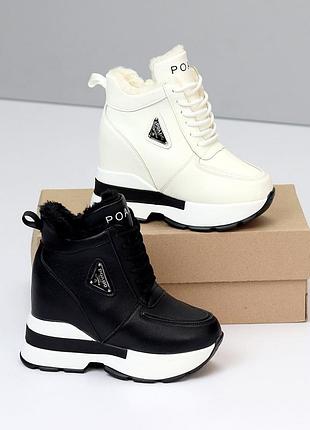 Зимние сникерсы, женские зимние кеды на платформе, зимние жениские ботинки на высокой подо...