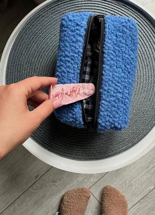 Мягкая синяя плюшевая косметичка, тедди косметичка