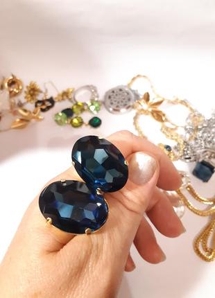 Клипсы крупные кристаллы сапфировые,стекло, маркировки, американский винтаж