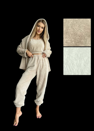 Теплый домашний комплект костюм пижама из искусственного меха тедди тройка штаны майка кроп-топ кофта худи свитер туника кардиган для дома