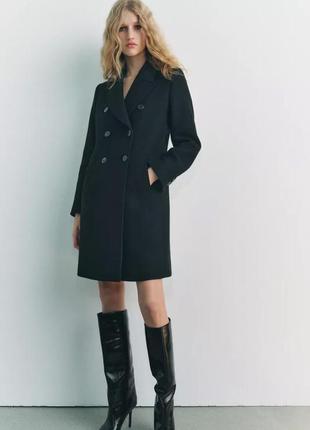 Двубортное пальто шерстяное черное zara new