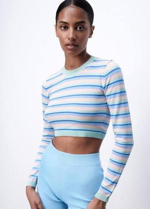 Топ в смужку zara з довгим рукавом лонгслів