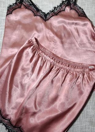Жіноча шовкова піжама майка і шорти рожева