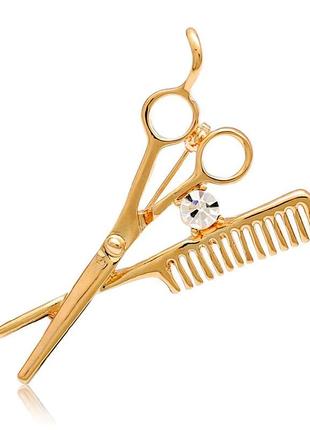 Брошь булавка парикмахера ножницы с расческой и камушком