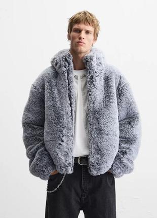 Вкорочена куртка сіра шубка штучне хутро zara new