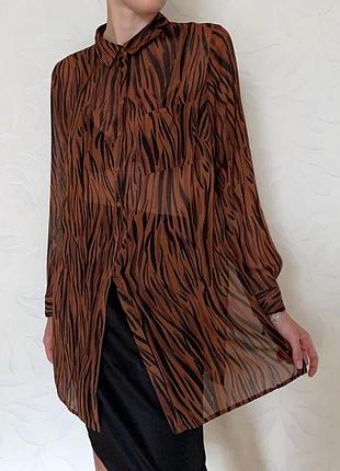 Удлиненная прозрачная черная коричневая рубашка в анималистичный принт papaya