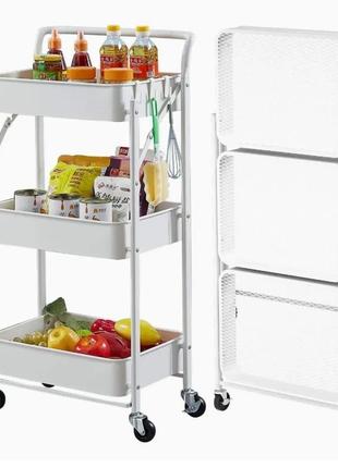 Розкладний 3-ярусний металевий стелаж сірий на коліщатках. відкрита складана полиця-органайзер