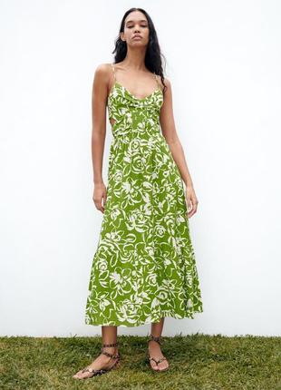 Квіткова сукня-міді з суміші льону zara5 фото
