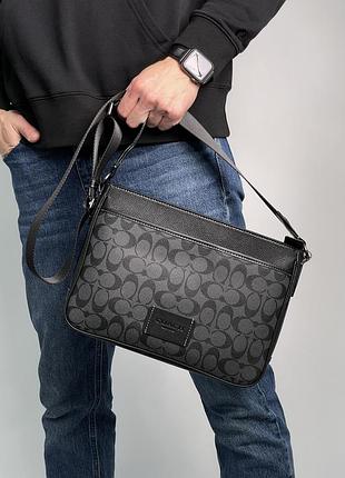 Мужская сумка coach district crossbody in signature canvas - gunmetal/charcoal/black 31 х 22 х 6.5