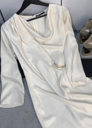 Роскошное прямое сатиновое платье миди длинное кремовое платье сатин атлас zara