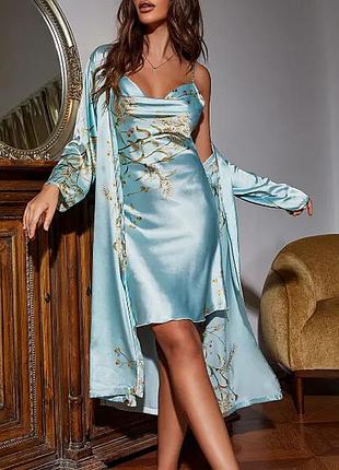 Пижама халат пенюар комплект пижамный для сна, пижама атласная женская 2-ка, пижама двойка, женский комплект