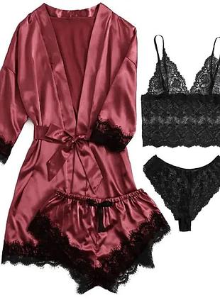 Пижама четвёрка халат майка и шорты комплект пижамный для сна, пижама атласная женская 4-ка