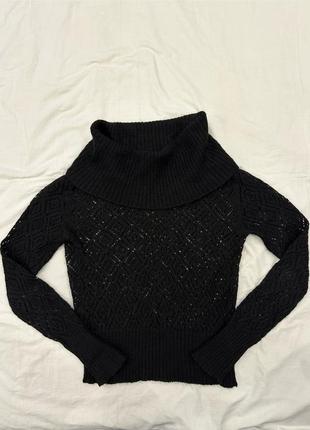 Женский вязаный трендовый черный джемпер с воротником хомутом, шерстяной ажурный...