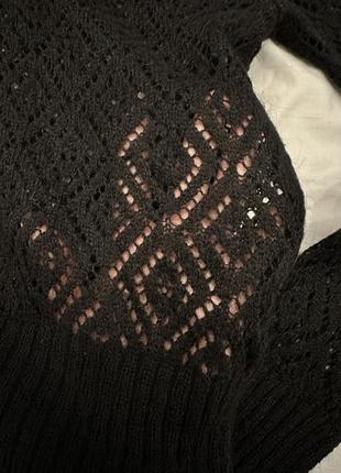 Женский вязаный трендовый черный джемпер с воротником хомутом, шерстяной ажурный...