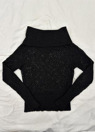 Женский вязаный трендовый черный джемпер с воротником хомутом, шерстяной ажурный...