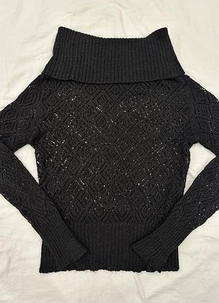 Женский вязаный трендовый черный джемпер с воротником хомутом, шерстяной ажурный...