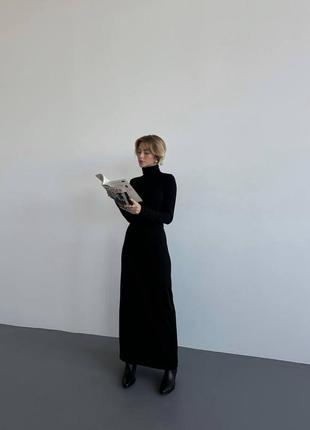 Утеплена сукня максі на легкому флісі, чорне довге плаття з коміром на осінь зиму, осіннє плаття максі з горлом, 249