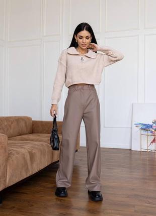 Премиальные мокко брюки на высокой посадке из эко-кожи с м л 42 44 46