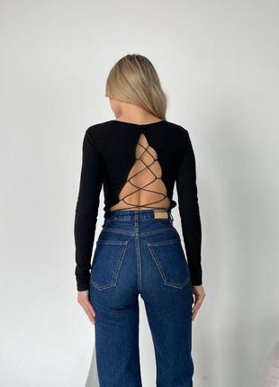 Трикотажный кроп топ с рукавами спинка на завязках лонгслив в рубчик укороченный черный бежевый розовый базовый трендовый стильный