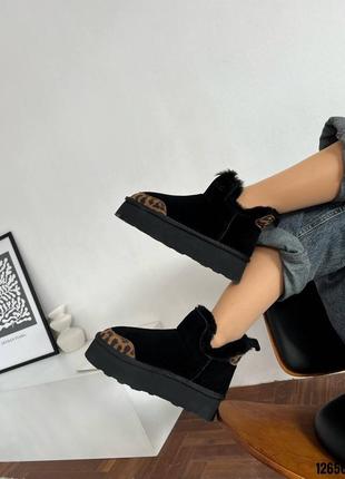 Черные леопардовые натуральные замшевые угги угги угги с леопардовым носиком на высокой то...