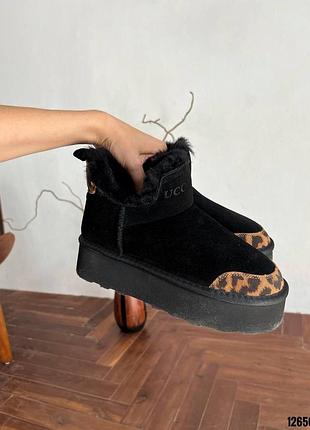 Черные леопардовые натуральные замшевые угги угги угги с леопардовым носиком на высокой то...