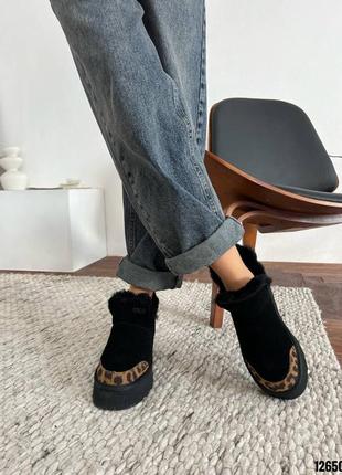 Черные леопардовые натуральные замшевые угги угги угги с леопардовым носиком на высокой то...