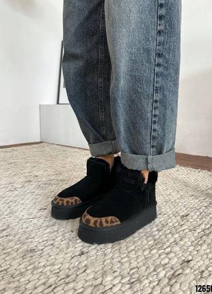 Черные леопардовые натуральные замшевые угги угги угги с леопардовым носиком на высокой то...