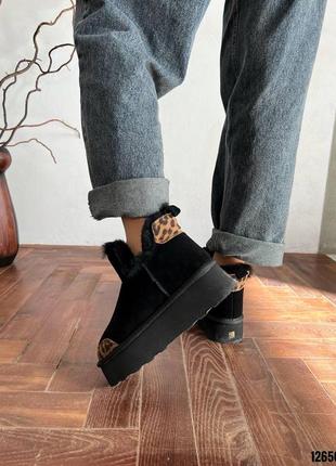 Черные леопардовые натуральные замшевые угги угги угги с леопардовым носиком на высокой то...