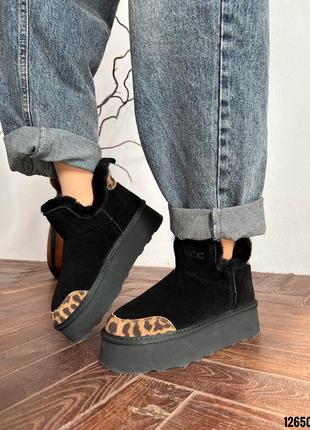 Черные леопардовые натуральные замшевые угги угги угги с леопардовым носиком на высокой то...