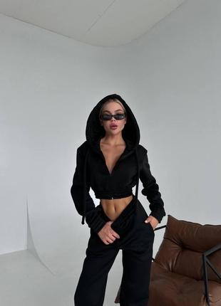 Черный спортивный трикотажный утепленный костюм на флисе кофта+джоггеры с м л 42 44 46 48