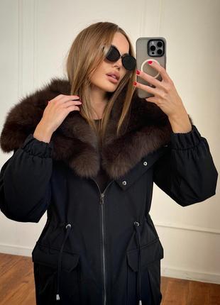 Модна зимова жіноча чорна куртка з натуральним хутром песця. розмір с,м,л,хл