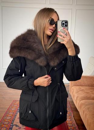 Модна зимова жіноча чорна куртка з натуральним хутром песця. розмір с,м,л,хл