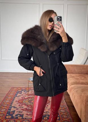 Модна зимова жіноча чорна куртка з натуральним хутром песця. розмір с,м,л,хл