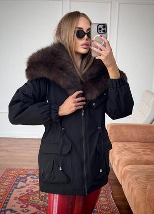 Модна зимова жіноча чорна куртка з натуральним хутром песця. розмір с,м,л,хл