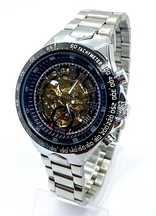 Часы мужские механические наручные winner skeleton с автоподзаводом серебристые с золотом ( код: ibw903sy ) 1tap 1tap