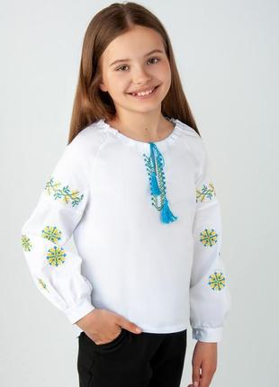 Вышиванка голубая для девочки подростковая, вышитая рубашка с длинным рукавом, блуза с вышивкой6 фото