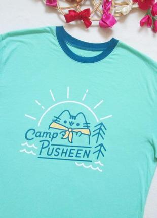 Шикарная хлопковая футболка с мультяшным котом camp pusheen 💜🌺💜2 фото