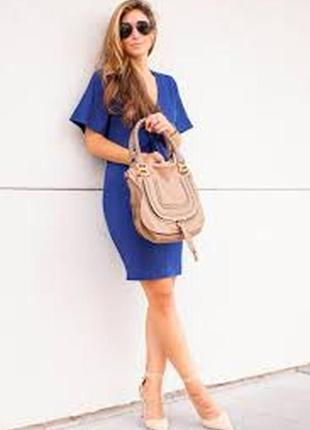Синее миди платье трапеция с рукавами колокол/ платье цвета электрик ультрамарин
