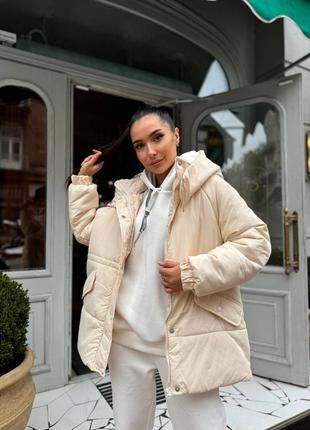 Костюм комплект тройка куртка зефирка пуховик пальто на молнии и кнопках с капюшоном и карманами спортивный костюм на флисе молочный на резинке